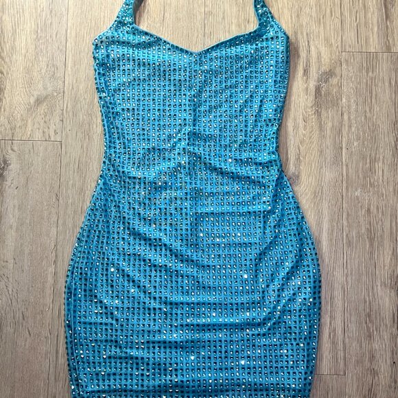 Oh Polly Amolika Embellished Halterneck Mini Dress in Aqua Blue - Picture 11 of 11